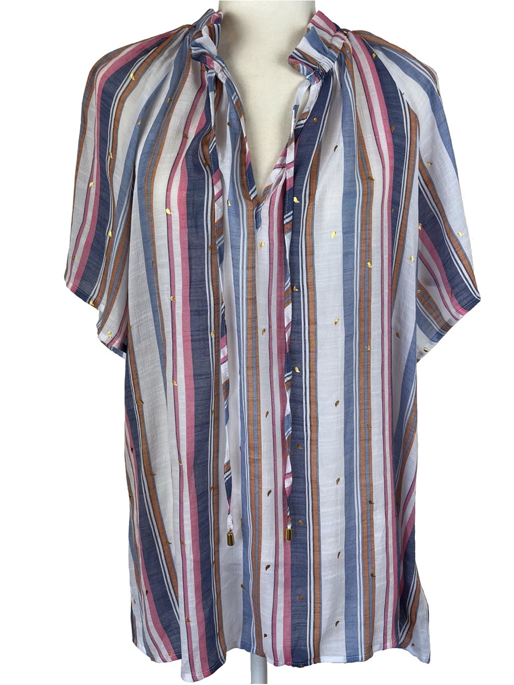 Alex & Parker Multi Striped Blouse Gold Sparkle Detail Ruffle Neck Size 2X